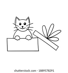 Gato en una caja abierta. Un diseño decorativo sencillo. La ilustración del contorno se dibuja a mano, aislada en un fondo blanco. Vector blanco negro