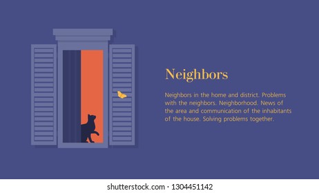 Cat in the open window. Neighbors. Facade of a residential building. Summer night. Vector flat illustration