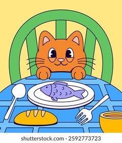 Cat orange eagerly sitting at a table with fish and bread cute illustration cartoon hand drawn