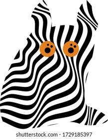 Cat with orange eyes in op art style with black stripes patterns. Animal logo concept for design