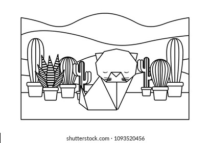 cat origami paper in the field and cactus