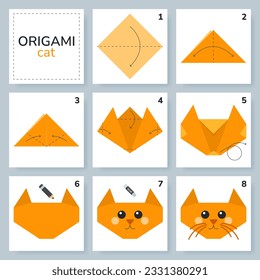 Modelo de movimiento de tutorial de esquema de origami de gato. Origami para los niños. Paso a paso cómo hacer un lindo gatito de origami. Ilustración vectorial.