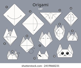 Cat origami scheme tutorial moving model. Origami for kids. Step by step how to make a cute paper pet. Vector illustration.