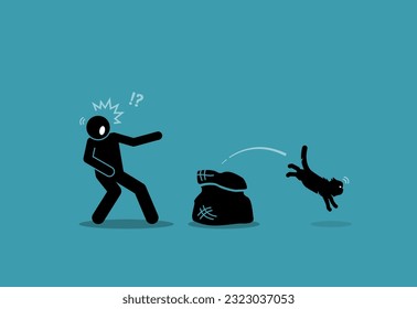 Cat out of the bag. Idiom sayings proverb. Vector illustration depicts concept of secret is being revealed, exposed, leaked, known, no longer hidden, and the truth is out. 