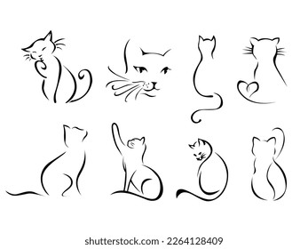 cat  outline  line  kitten  silhouette  vector  illustration  logo  abstract  pattern  white  set  black  contour  sketch  icon  isolated  minimalist  pet  cartoon  meow  simple  cute  style  backgrou