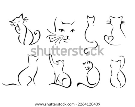 cat, outline, line, kitten, silhouette, vector, illustration, logo, abstract, pattern, white, set, black, contour, sketch, icon, isolated, minimalist, pet, cartoon, meow, simple, cute, style, backgrou