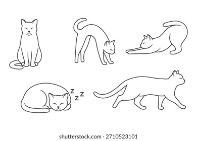 Cat outline set with sitting, stretching, sleeping, walking pose isolated on white background