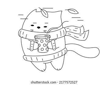 A cat outside in bad weather with a cup of coffee. Picture for coloring.