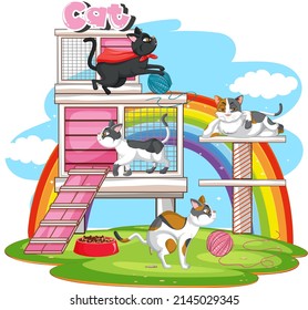 A cat outside the cat house  illustration