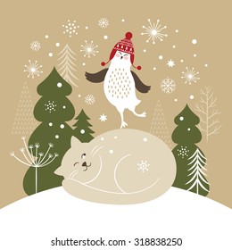 Cat and Owl, Christmas card