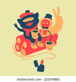 Cat and owl drink coffee 