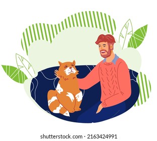 Cat and owner cartoon characters, flat vector illustration isolated on white background. Pet and its owner. Domestic animals love and care.