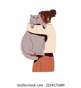 Cat owner holding fat chubby kitty in arms. Happy black woman hugging, cuddling cute big huge heavy feline animal. Person and pet love. Flat graphic vector illustration isolated on white background