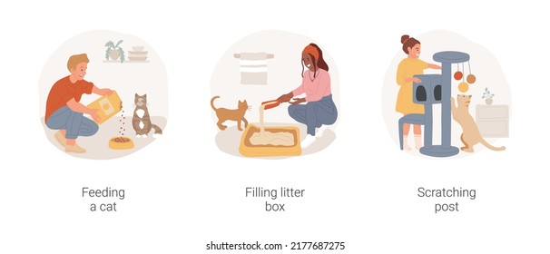 Conjunto de ilustraciones vectoriales de dibujos animados aislados de rutina del propietario del gato. Alimentando a un gato, vertiendo comida seca en el bol, llenando la caja de basura, llenando la bandeja del inodoro, en el puesto de arañazos, en la caricatura diaria de vectores rutinarios.