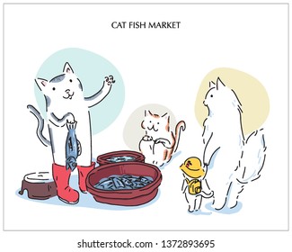 El dueño del gato está vendiendo pescado al cliente del gato. diseño vectorial de estilo dibujado a mano. una ilustración de personificación.