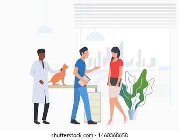 Cat owner visiting and talking to vet doctors. Pet treatment, consultation, animal care concept. Vector illustration can be used for topics like health, vet clinic, veterinary