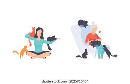 Cat Owners Set, People Hugging and Petting their Pets Flat Vector Illustration