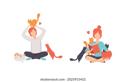 Cat Owners Spending Time with their Pets Set, People Sitting on Floor Surrounded byMany Cats Flat Vector Illustration