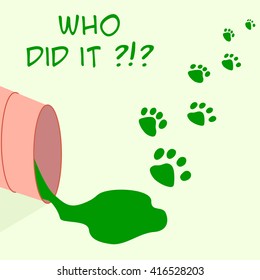 Cat paint footprint out of a bucket. with writing. Vector illustration