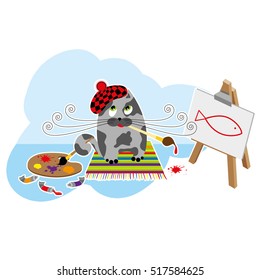 Cat painter draws a picture by paints on an easel