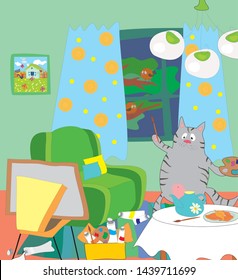 Cat painter paints in the evening in his workshop