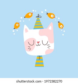 A cat in pajamas dreams of fish. Portrait of a cute animal. Vector cartoon character in simple hand-drawn scandinavian style. Ideal for decorating a nursery and printing on baby clothes