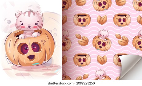 Cat in pampkin - seamless pattern