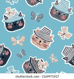 A cat in a panama hat among butterflies. Cute childish flat illustration in gentle blue tones. Seamless vector pattern for fabrics, wallpapers, wrapping paper.