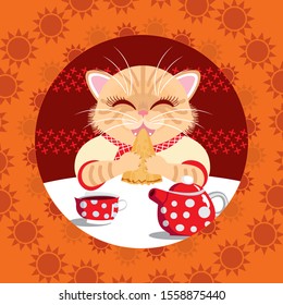 Cat and pancakes, Russian Maslenitsa, vector illustration