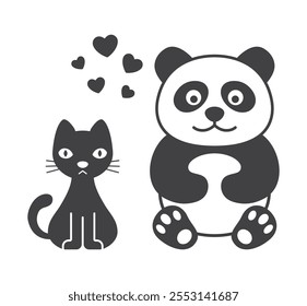 cat with panda bamboo bear and heart shape icon