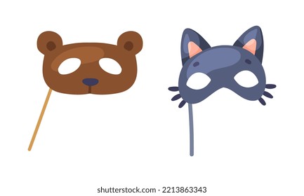 Cat and panda bear masks. Carnival party objects set cartoon vector illustration