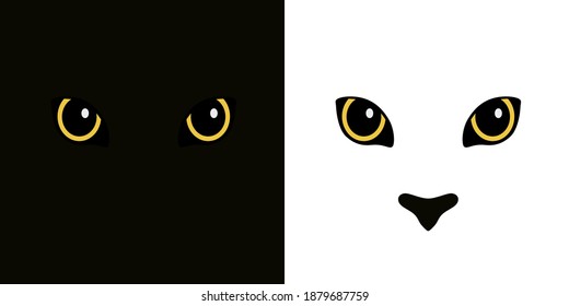 Cat or panther eyes isolated on black and white background. Vector illustration.