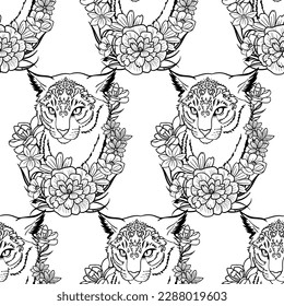 Cat, panther head with flowers tattoo seamless pattern