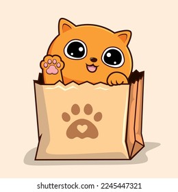 Cat in Paper Bag    Cute Orange Cat Peekaboo in Shopping Bag Waving Hand Paws Kawaii