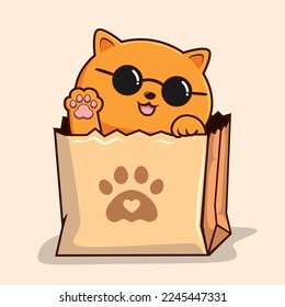 Cat in Paper Bag    Cute Orange Cat Peekaboo in Shopping Bag Waving Hand Paws Circle Glasses