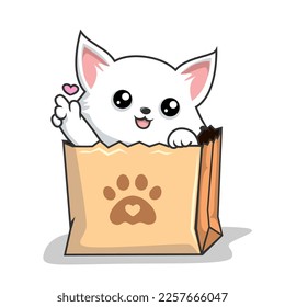 Cat in Paper Bag - Cute White Cat in Shopping Bag - Love Hand