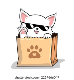 Cat in Paper Bag - Cute White Cat in Shopping Bag - Cool with Sunglasses