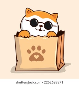 Cat in Paper Bag    Orange White Pussy Cat Cool and Circle Glasses in Shopping Bag