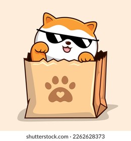 Cat in Paper Bag    Orange White Pussy Cat and Sunglasses in Shopping Bag