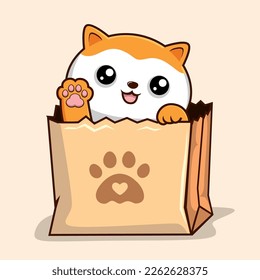 Cat in Paper Bag    Orange White Pussy Cat Waving Paws in Shopping Bag
