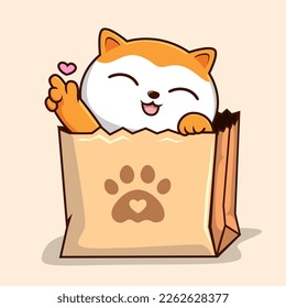 Cat in Paper Bag    Orange White Pussy Cat and Love Hand in Shopping Bag