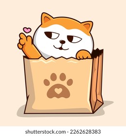 Cat in Paper Bag    Orange White Pussy Cat and Love Finger in Shopping Bag