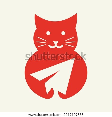 Cat Paper Plane Logo Negative Space Concept Vector Template. Cat Holding Paper Plane Symbol