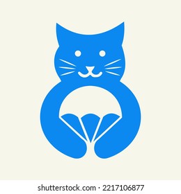Cat Parachute Logo Negative Space Concept Vector Template. Cat Holding Parachute Symbol