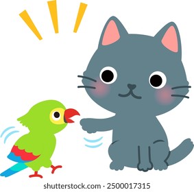 Gato y loro jugando entre sí