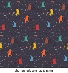 Cat party! Cute cats dancing. Vector seamless pattern.