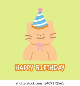 Cat, party hat and HAPPY BIRTHDAY letters for card print, birthday party, cartoon character, comic, mascot, background, wallpaper, banner, ads, social media post, brand logo, vet icon, backdrop