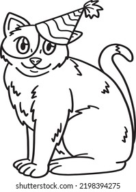 Página de color de gato con sombrero de partido aislado para niños