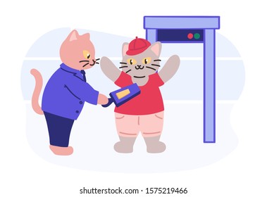 Cat passenger is being screened with metal detector by security control worker in the airport. Flat kawaii style cute illustration.