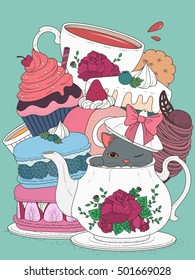 cat with pastry and tea, turquoise background